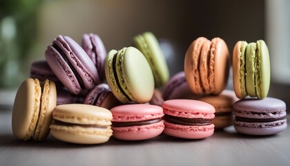 Colorful macaroons on wooden table. Selective focus.