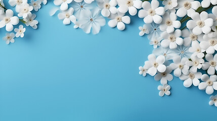 Frame of white flowers on a blue background, valentines day, generative ai