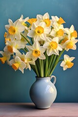 yellow narcissus in vase on table with blue background
