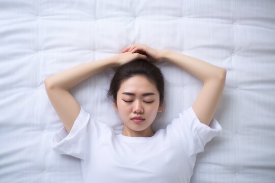 A young woman sleeping on a white mattress
