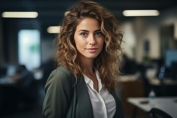 Attractive young business woman in office. Generative AI. - 704372125