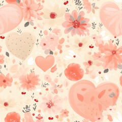 Romantic Floral and Hearts Watercolor Pattern