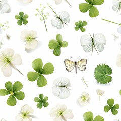 Botanical Collection with Clover and Butterfly on White Background