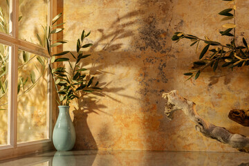 Panorama de fond d'un vieux mur en crépi et des branches d'olivier pour création d'arrière plan....