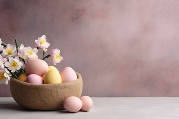 easter still life with copy space right banner. Pastel color eggs with flower arrangement set design