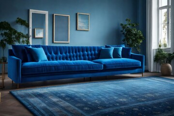 Blue sofa with light blue rug
