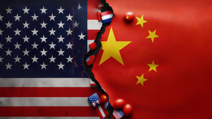 US and China flags broken - obrazy, fototapety, plakaty