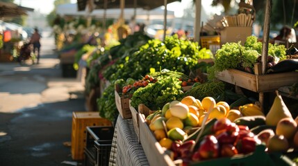 The delightful ambiance at the farmer's market at dawn, with stalls overflowing with fresh products, creates a traditional morning market experience.
