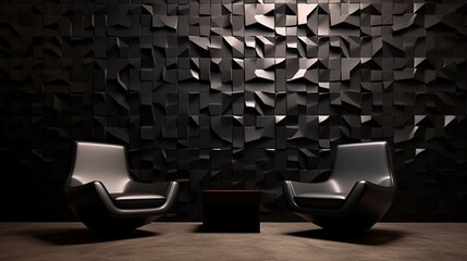 A pattern of black bricks forming a sleek and modern wall texture, providing a bold and...