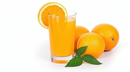 Orange juice and oranges with leaves.white background, for banner background