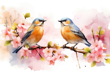 Watercolor cherry blossom background with blue bird. Hand drawn illustration