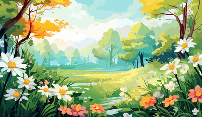 Fototapeta na wymiar Countryside landscape with river and green meadows. Vector illustration.