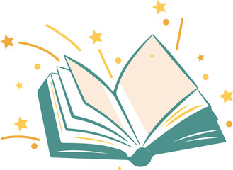 Books with flying butterflies, stars and sunburst, vector illustration