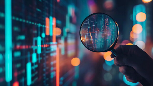 Business man holding magnifier glass with abstract stock graph background.Stock martker analysis concept.