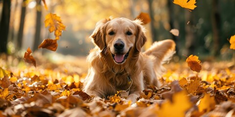Cute golden retriever laying in autumn leaves with tongue out