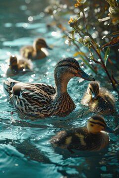 A female Mallard Duck, Anas platyrhynchos, swimming on a river with her cute ducklings