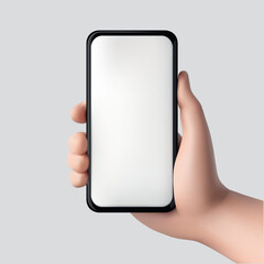 3d Cartoon hand holding mobile smart phone.