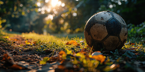 Classic black and white soccer ball on a lush green field basking in the sunlight, ready for the...