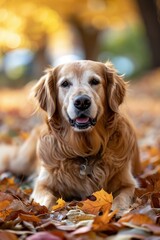 dog golden retriever labrador in autumn at sunset on a walk in the autumn park with autumn leaves