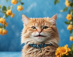 cat smiling happy expression. and closed eyes. Isolated on blue colored background