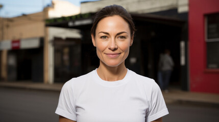 Professional woman in a white t-shirt smiling confidently in an urban street environment, representing independent business.