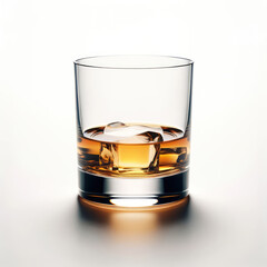 a whiskey glass filled with amber-colored whiskey, placed on a pure white background