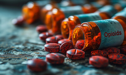 Opioid Epidemic Concept with Prescription Pills and Medicine Bottle Labeled Opioids, Highlighting the Issue of Painkiller Addiction - obrazy, fototapety, plakaty