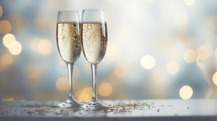 Two champagne glasses with golden sparkling bubbles, set against a dreamy bokeh light background for a festive celebration.