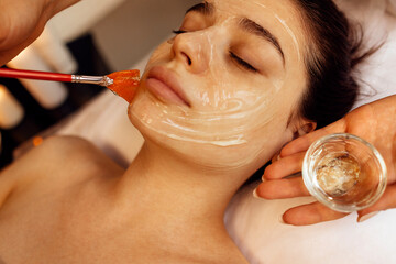 Beauty master applies a rejuvenating mask to the clients face