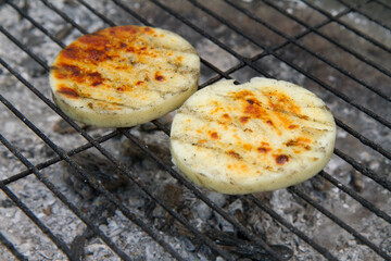 Cheese being grilled in a garden - 704377354