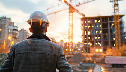 Fototapeta premium Construction concept. at back of the construction worker head which is wearing the safety helmet and checking work at the construction site.