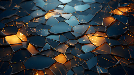 Close-up of a broken mirror, shards reflecting a distorted view of a yellow light source.
