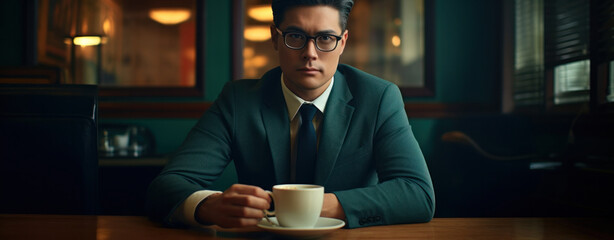 Sophisticated man in stylish suit sitting alone in a diner, with a contemplative look over a cup of coffee, embodying urban solitude