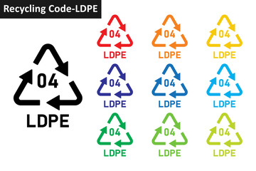 LDPE plastic recycling code icon set. Plastic recycling symbols 04 LDPE. Plastic recycling code 04 icon collection in ten different colors. Set of plastic recycling code symbol icon 04 LDPE.
