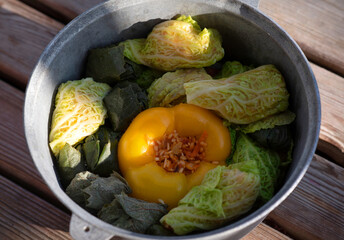 Moldovan cabbage rolls and sweet, yellow paper with rice and chicken meat