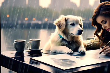 a lovely picture with a dog on a rainy day. Generative AI