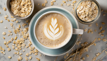 Flat lay: Cup of oat cappuccino decorated with oats shot from above
