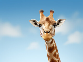 Obraz premium Closeup giraffe face with long neck and spotted coat standing against blue sky background