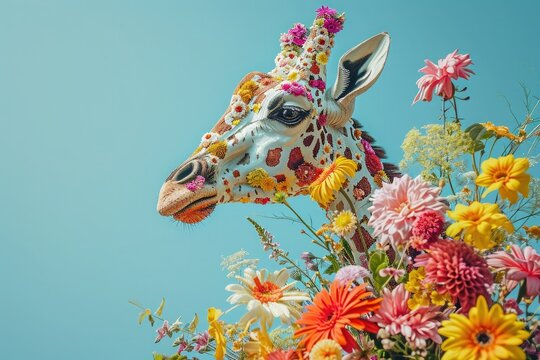 Colorful giraffe with spring flowers. AI generative art © Drpixel