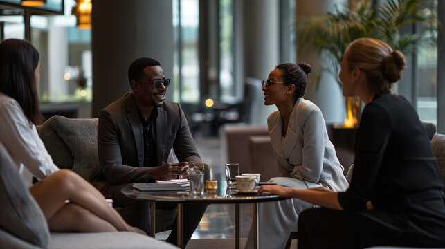 Hotel Manager Engaging with Guests in Minimalist, Well-Designed Hotel Lounge