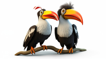3d cartoon of couple toucan birds on the branch in white background