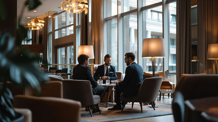 Hotel Manager Engaging with Guests in Minimalist, Well-Designed Hotel Lounge
