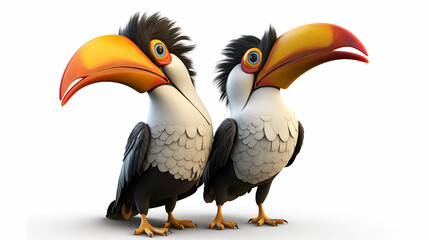 3d cartoon animated couple hornbill birds in white background