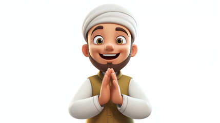 3d cartoon Islam Muslim man wear traditional religion uniform in white background