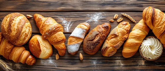 Parisian Bakery French Bread Assortment on Wooden Table

