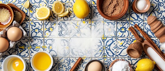 Portuguese Pastel de Nata Ingredients on Azulejo Tiles

 - obrazy, fototapety, plakaty