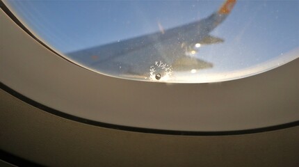 Obraz premium Hole in the airplane window. The hole helps regulate how much pressure from inside the cabin is exerted on the plane's windows. The little hole in airplane window with a ring of ice crystals.