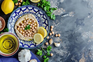 Middle Eastern Bazaar Hummus Ingredients on Ceramic Plate

