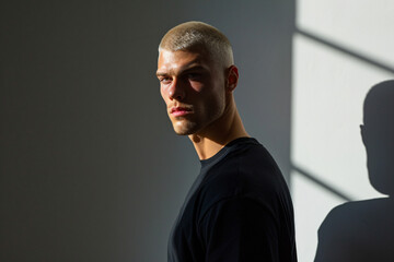 Strobe-Lit Studio Portrait of Muscular 25-Year-Old Man with Buzz Cut Wearing Black T-Shirt