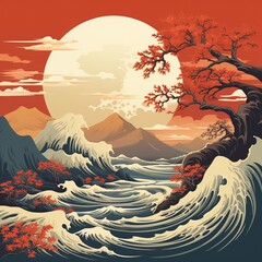 Red and White Japanese Woodblock Style Landscape